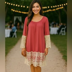 Judith March Anthropologie Bohemian Lace Bell Sleeve Dress Large Pink Peasant